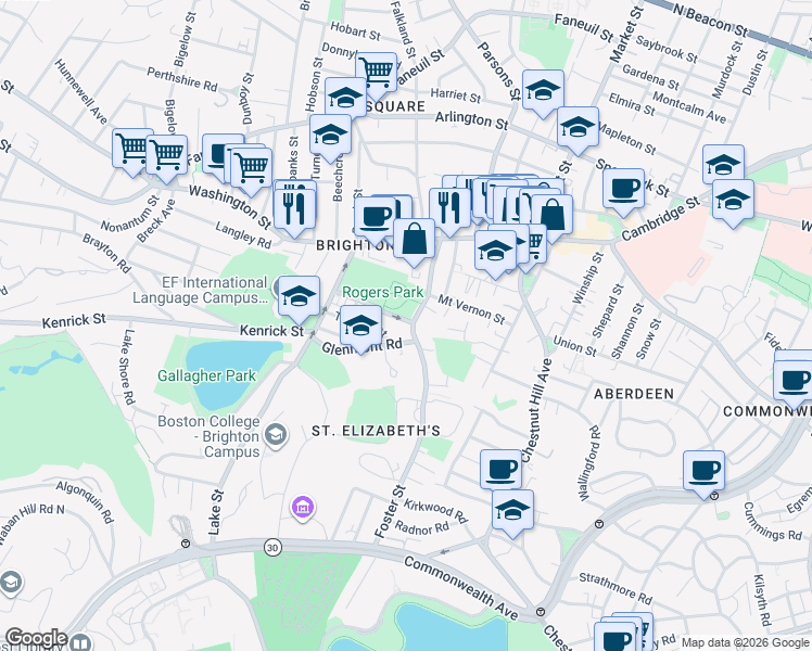 map of restaurants, bars, coffee shops, grocery stores, and more near 65 Rogers Park Avenue in Boston