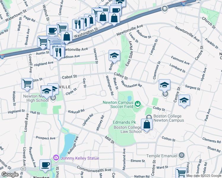map of restaurants, bars, coffee shops, grocery stores, and more near 110 Withington Road in Newton