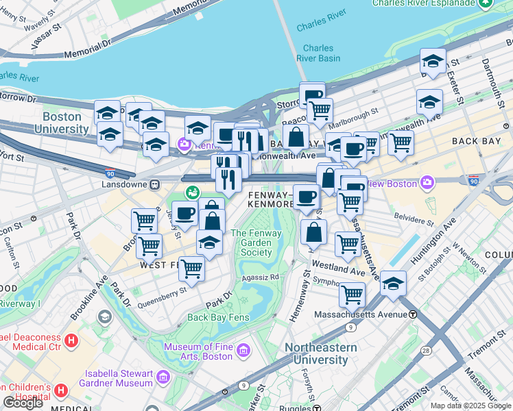 map of restaurants, bars, coffee shops, grocery stores, and more near in Boston