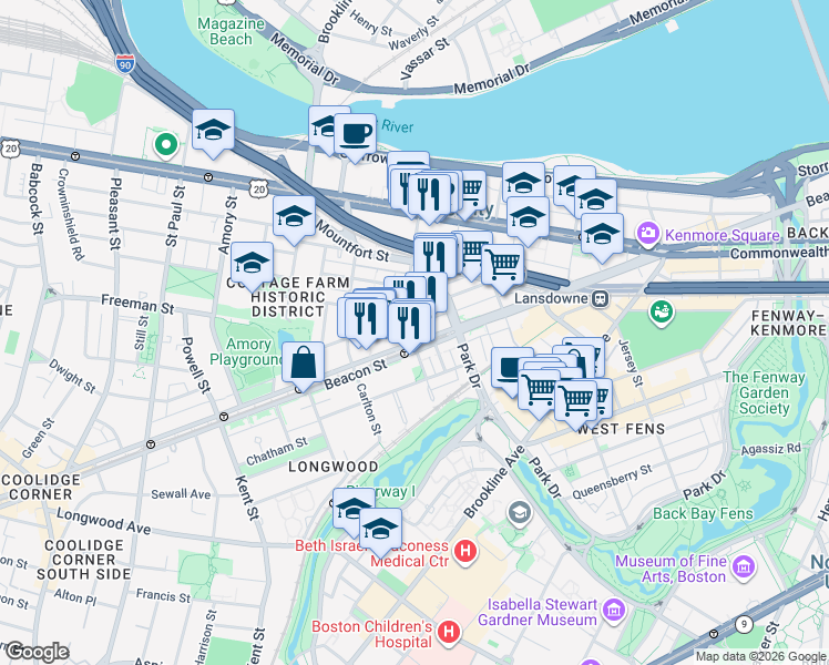 map of restaurants, bars, coffee shops, grocery stores, and more near 100 Saint Marys Street in Boston