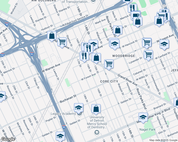 map of restaurants, bars, coffee shops, grocery stores, and more near 4651 16th Street in Detroit