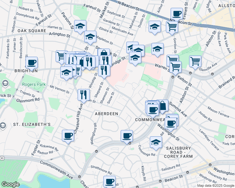 map of restaurants, bars, coffee shops, grocery stores, and more near 200 Washington Street in Boston