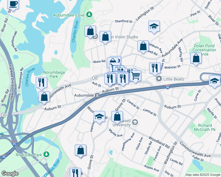 map of restaurants, bars, coffee shops, grocery stores, and more near 349 Auburn Street in Newton