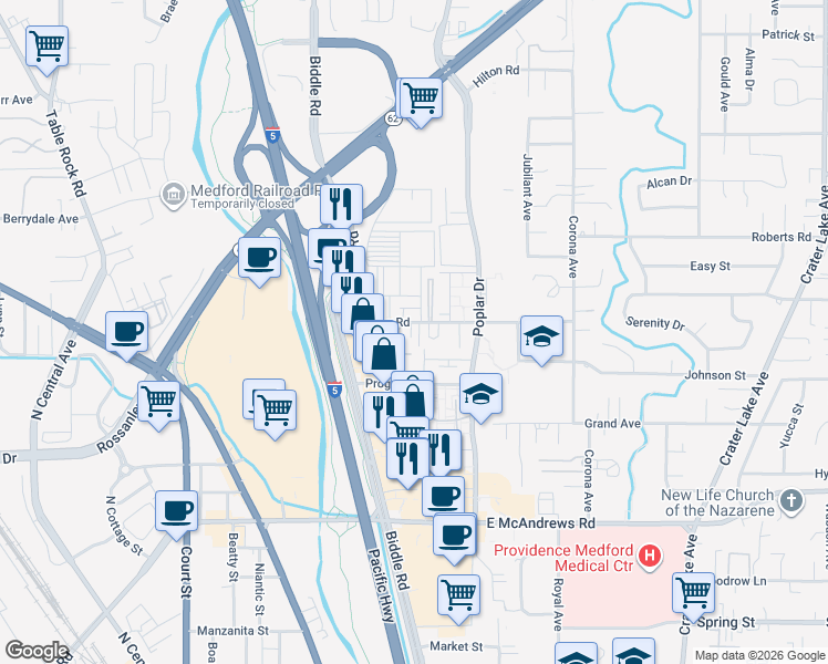 map of restaurants, bars, coffee shops, grocery stores, and more near 1220 Morrow Road in Medford