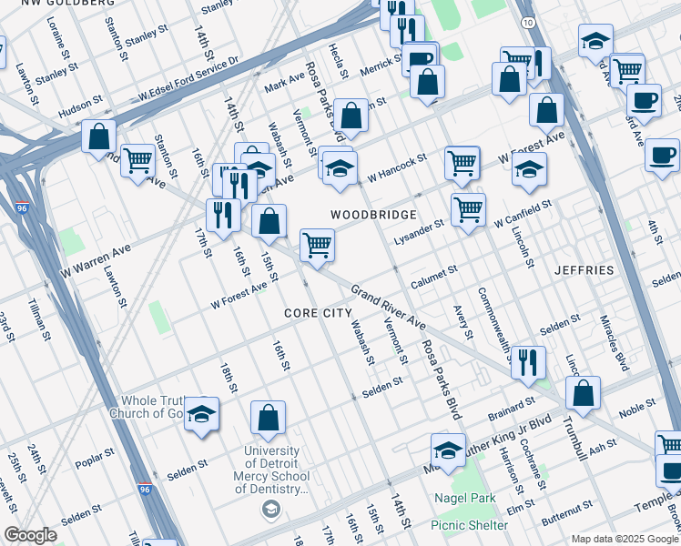 map of restaurants, bars, coffee shops, grocery stores, and more near 4452 Grand River Avenue in Detroit