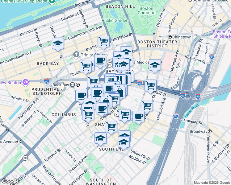 map of restaurants, bars, coffee shops, grocery stores, and more near 9 Appleton Street in Boston