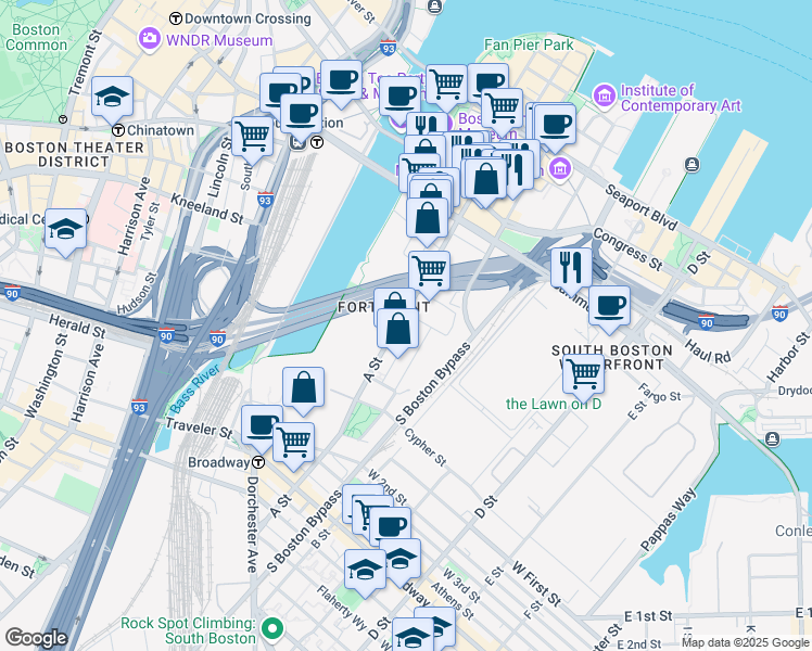 map of restaurants, bars, coffee shops, grocery stores, and more near 35 Channel Center Street in Boston