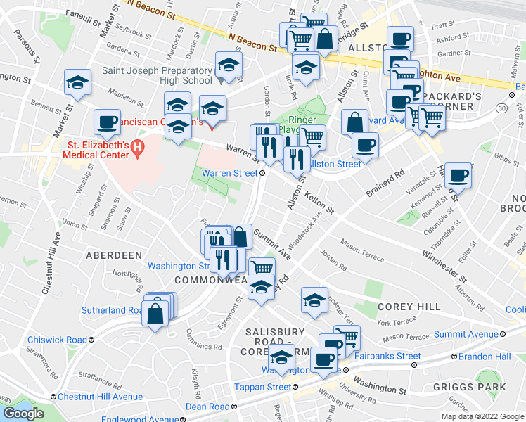 map of restaurants, bars, coffee shops, grocery stores, and more near 1486 Commonwealth Avenue in Boston