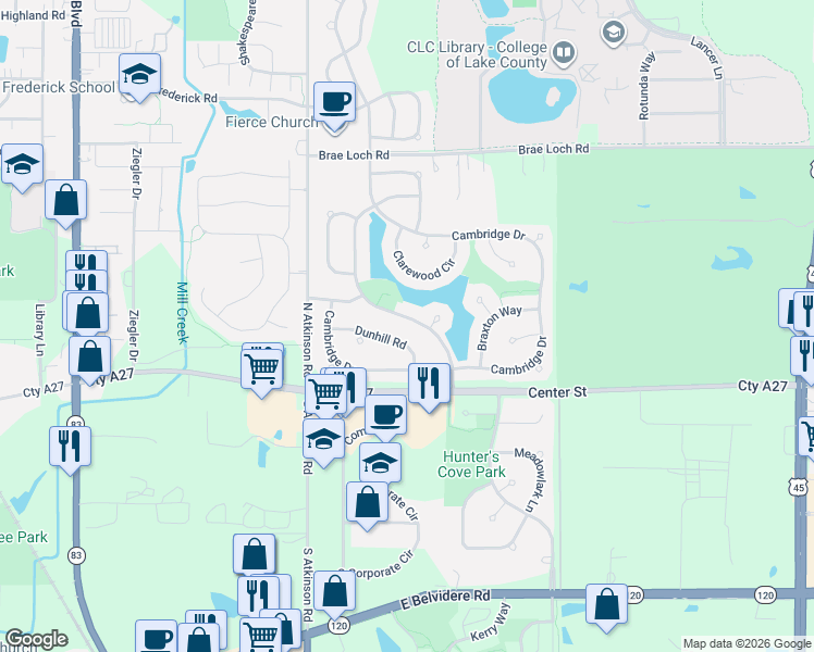 map of restaurants, bars, coffee shops, grocery stores, and more near 238 Buckingham Drive in Grayslake