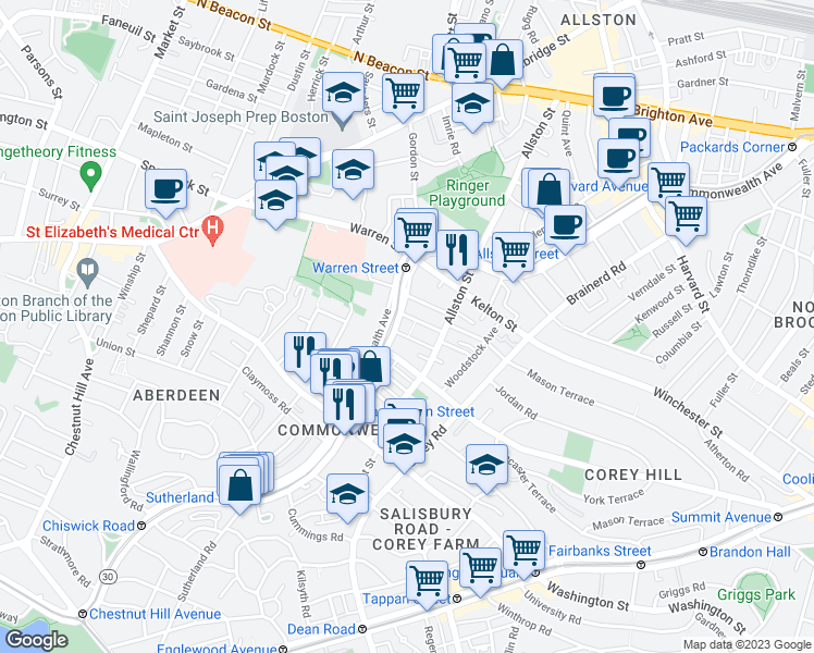 map of restaurants, bars, coffee shops, grocery stores, and more near 1486 Commonwealth Avenue in Boston