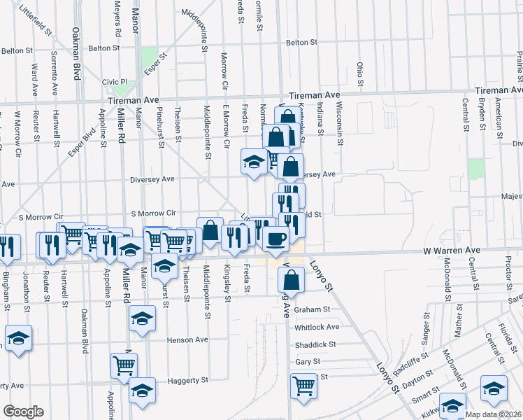 map of restaurants, bars, coffee shops, grocery stores, and more near 7413 Normile Street in Dearborn