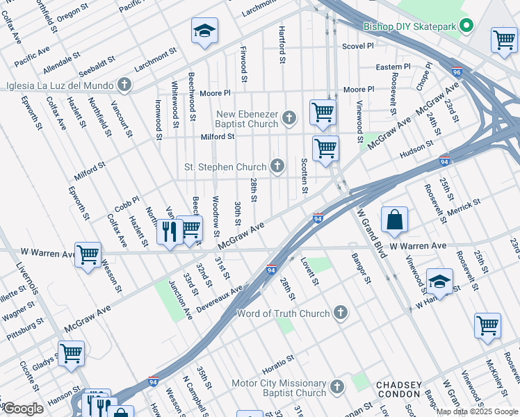 map of restaurants, bars, coffee shops, grocery stores, and more near 5650 28th Street in Detroit