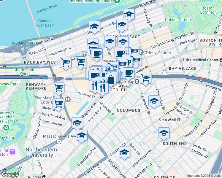 map of restaurants, bars, coffee shops, grocery stores, and more near 116 Huntington Avenue in Boston