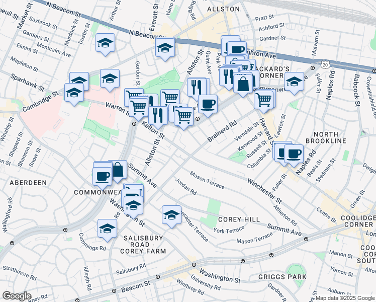 map of restaurants, bars, coffee shops, grocery stores, and more near 239 Kelton Street in Boston
