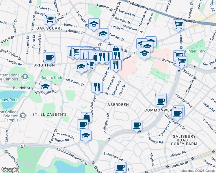 map of restaurants, bars, coffee shops, grocery stores, and more near 39 Shepard Street in Boston