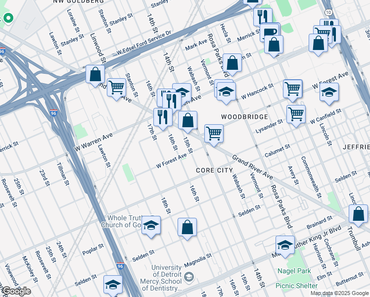 map of restaurants, bars, coffee shops, grocery stores, and more near 4613 15th Street in Detroit