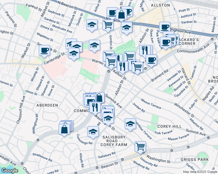 map of restaurants, bars, coffee shops, grocery stores, and more near 1486 Commonwealth Avenue in Boston