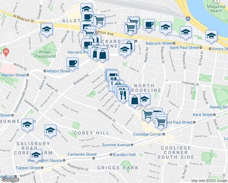 map of restaurants, bars, coffee shops, grocery stores, and more near 454 Harvard Street in Brookline