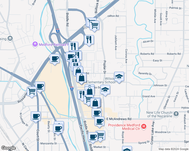 map of restaurants, bars, coffee shops, grocery stores, and more near 1220 Morrow Road in Medford