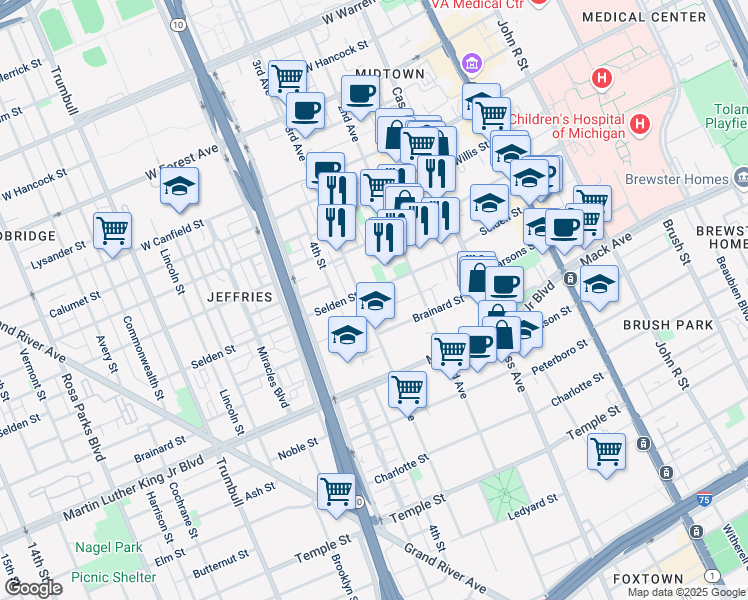 map of restaurants, bars, coffee shops, grocery stores, and more near 665 Selden Street in Detroit