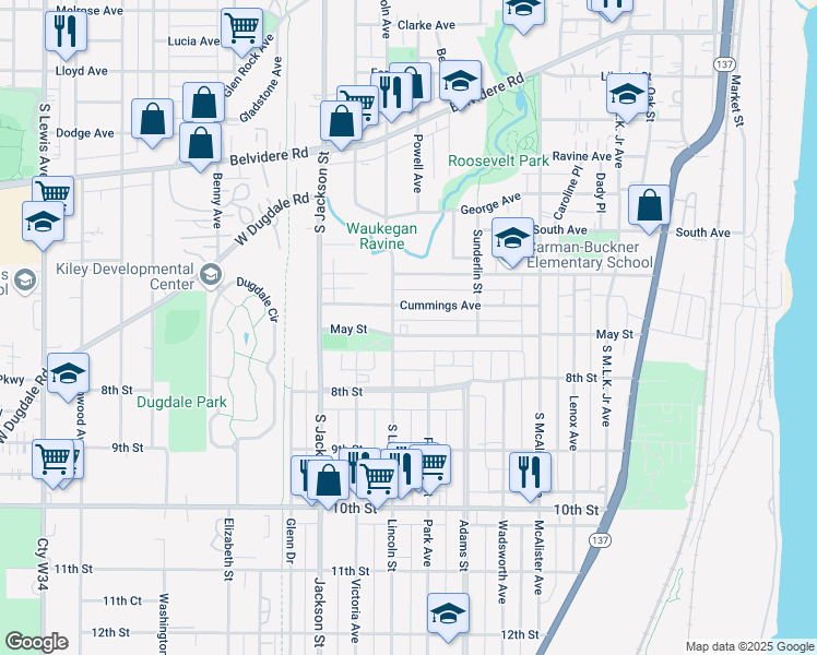 map of restaurants, bars, coffee shops, grocery stores, and more near 808 May Street in Waukegan