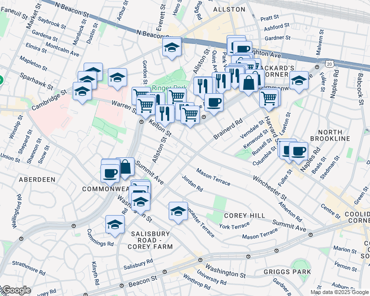 map of restaurants, bars, coffee shops, grocery stores, and more near 239 Kelton Street in Boston