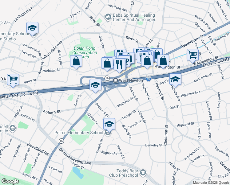 map of restaurants, bars, coffee shops, grocery stores, and more near 17 Shaw Street in Newton