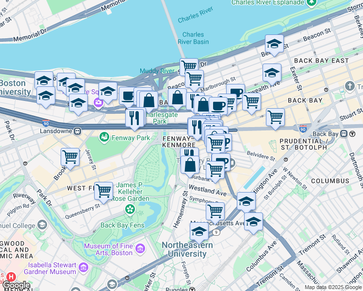 map of restaurants, bars, coffee shops, grocery stores, and more near 3780 Boylston Street in Boston