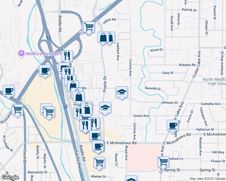map of restaurants, bars, coffee shops, grocery stores, and more near 1398 Morrow Road in Medford