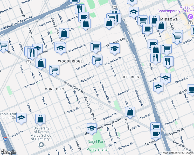 map of restaurants, bars, coffee shops, grocery stores, and more near 4237 Commonwealth Street in Detroit