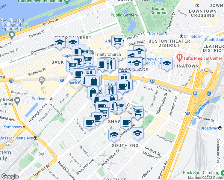 map of restaurants, bars, coffee shops, grocery stores, and more near Chandler Street & Cazenove Street in Boston
