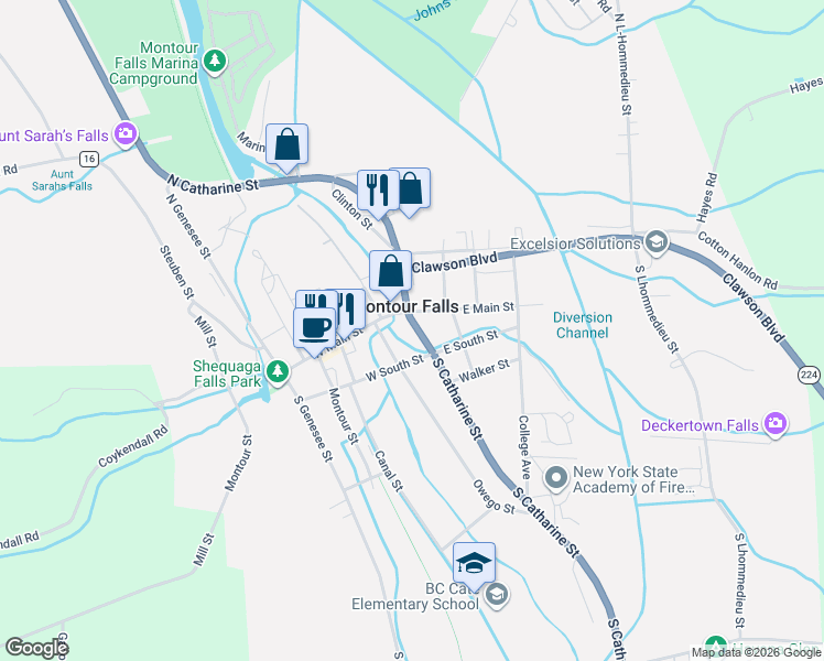 map of restaurants, bars, coffee shops, grocery stores, and more near 106 East South Street in Montour Falls
