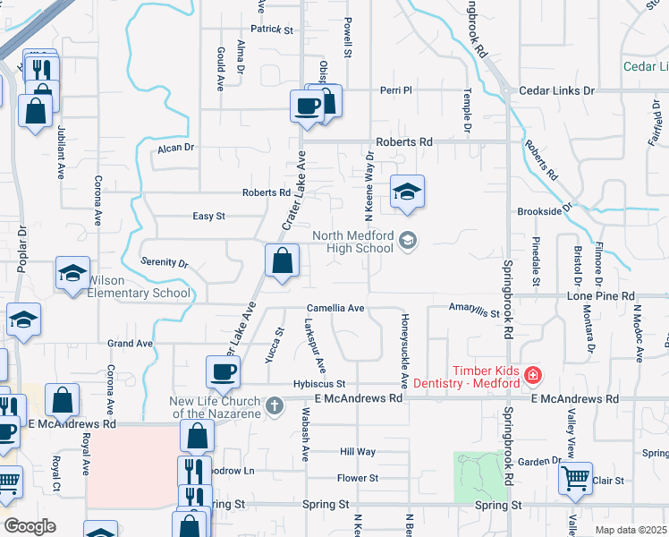 map of restaurants, bars, coffee shops, grocery stores, and more near 1851 Inner Cir in Medford