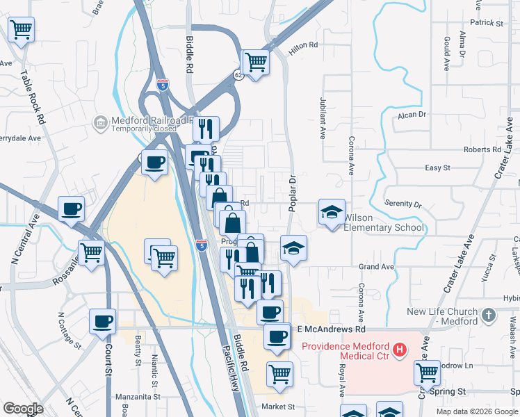 map of restaurants, bars, coffee shops, grocery stores, and more near 1212 Morrow Road in Medford