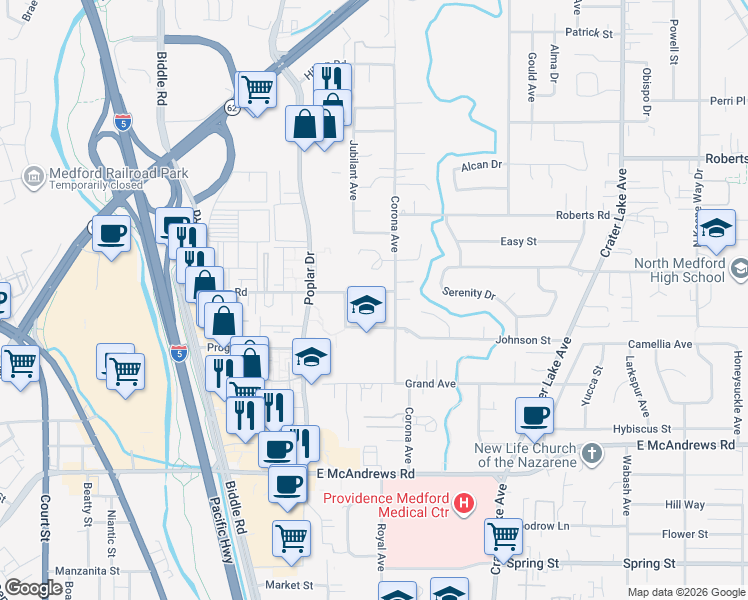 map of restaurants, bars, coffee shops, grocery stores, and more near 1446 Morrow Road in Medford