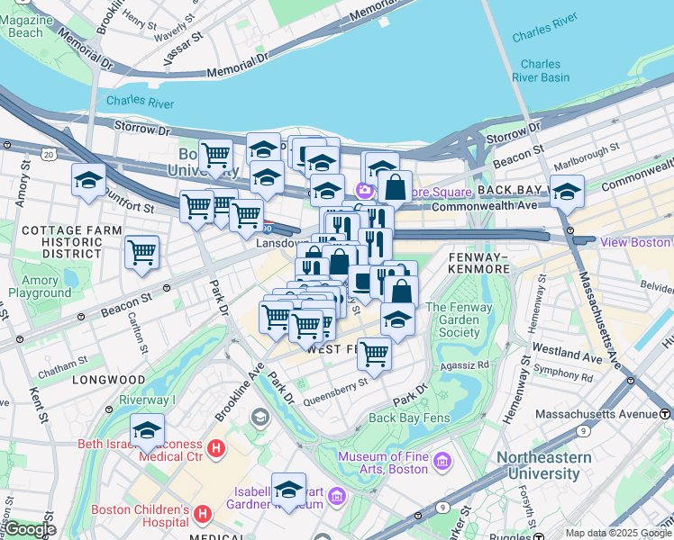 map of restaurants, bars, coffee shops, grocery stores, and more near 20 Jersey Street in Boston