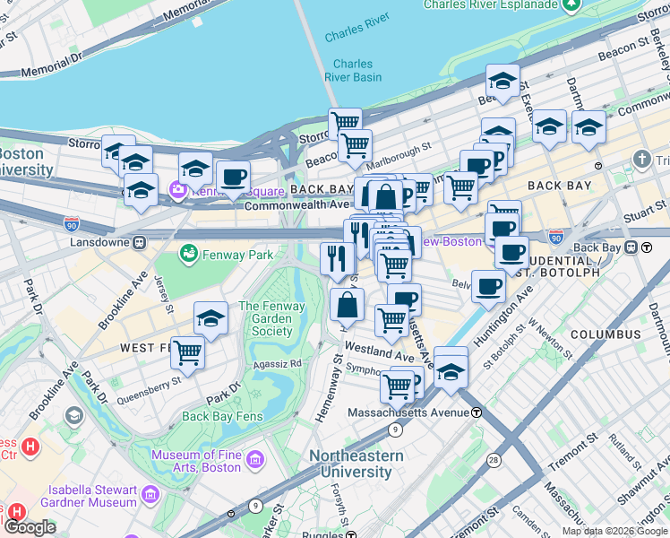 map of restaurants, bars, coffee shops, grocery stores, and more near in Boston