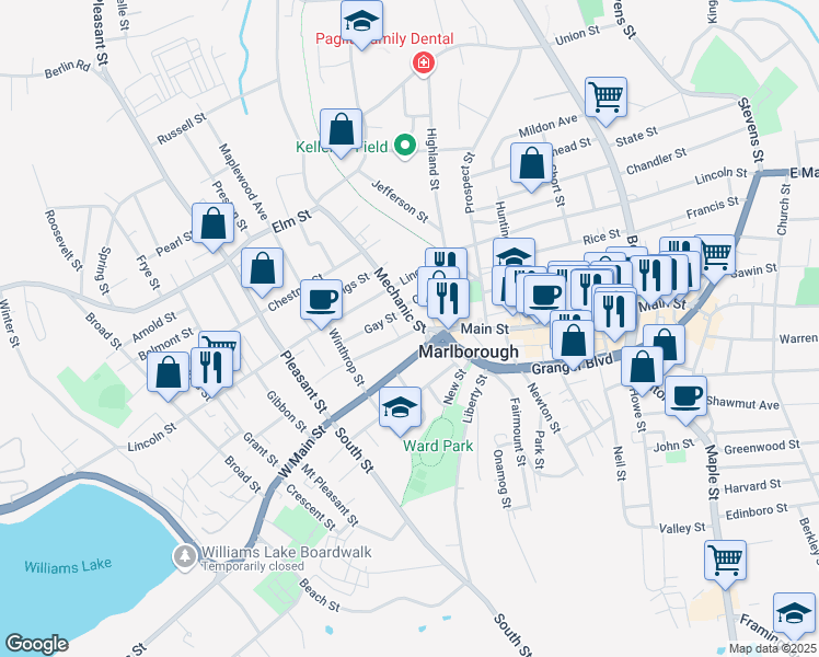 map of restaurants, bars, coffee shops, grocery stores, and more near 32 Mechanic Street in Marlborough