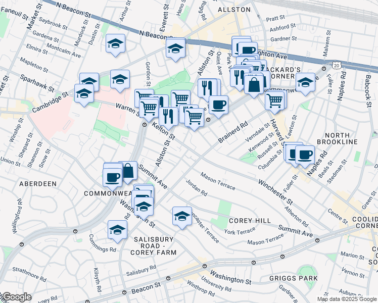 map of restaurants, bars, coffee shops, grocery stores, and more near 239 Kelton Street in Boston