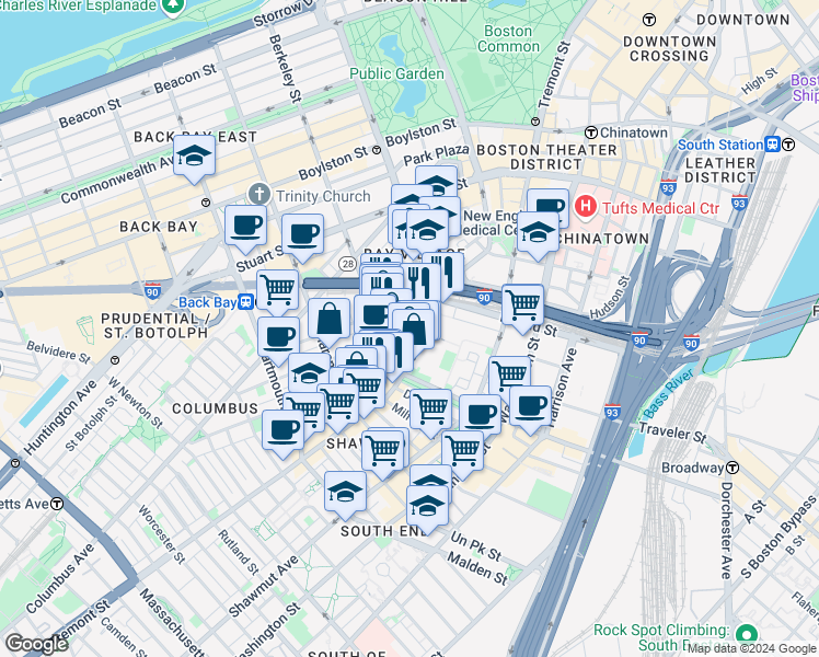 map of restaurants, bars, coffee shops, grocery stores, and more near in Boston