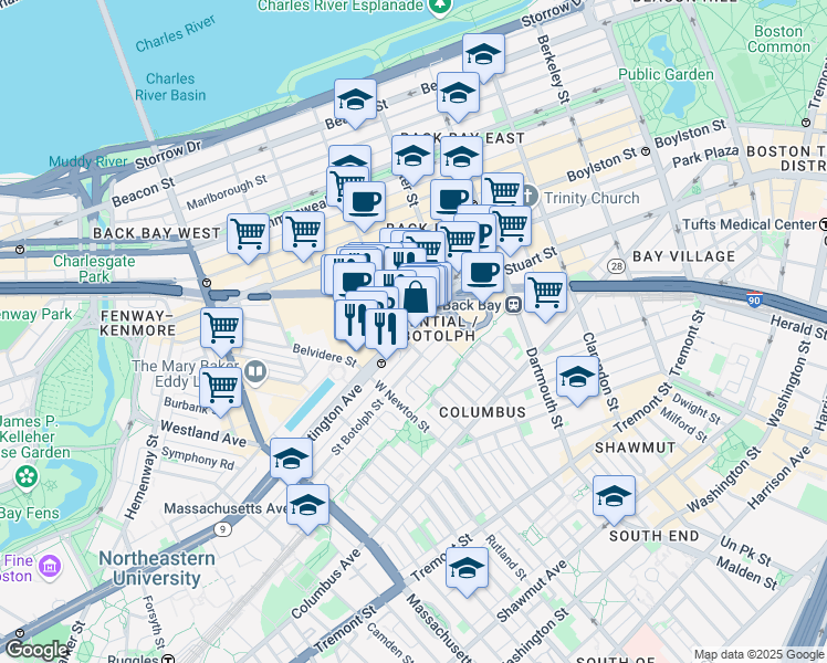 map of restaurants, bars, coffee shops, grocery stores, and more near 101 Huntington Avenue in Boston