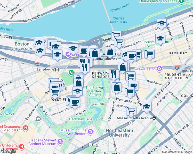 map of restaurants, bars, coffee shops, grocery stores, and more near in Boston