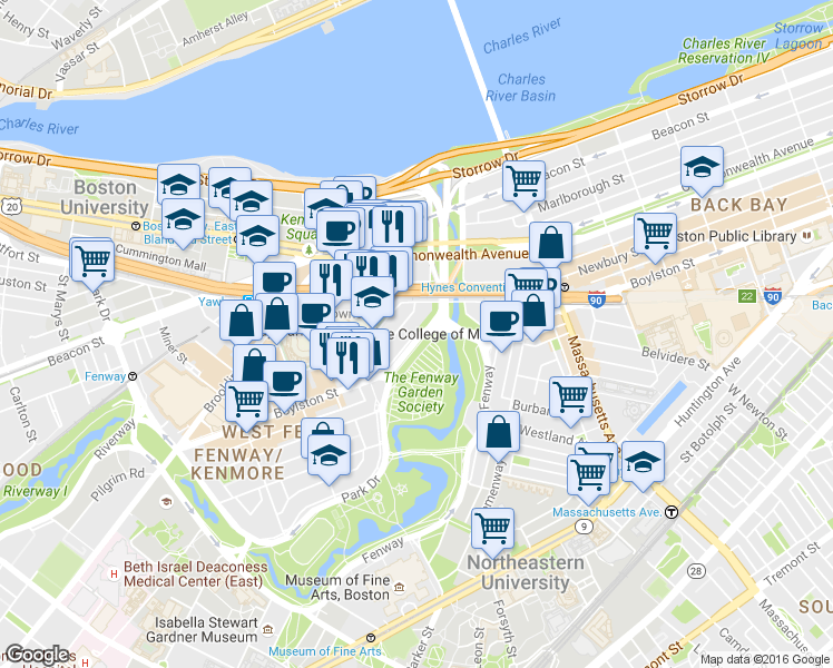 map of restaurants, bars, coffee shops, grocery stores, and more near 1179 Boylston Street in Boston