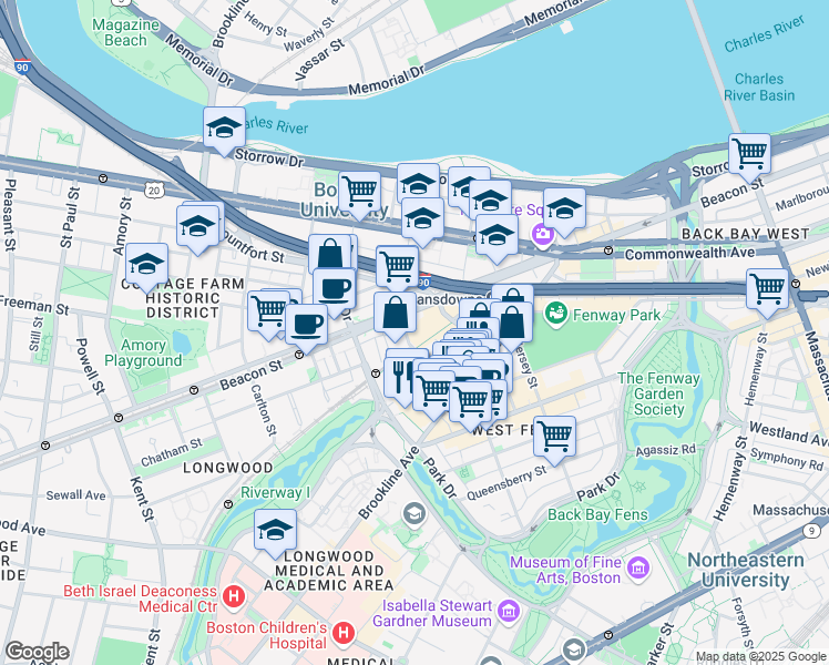map of restaurants, bars, coffee shops, grocery stores, and more near 9 Miner Street in Boston