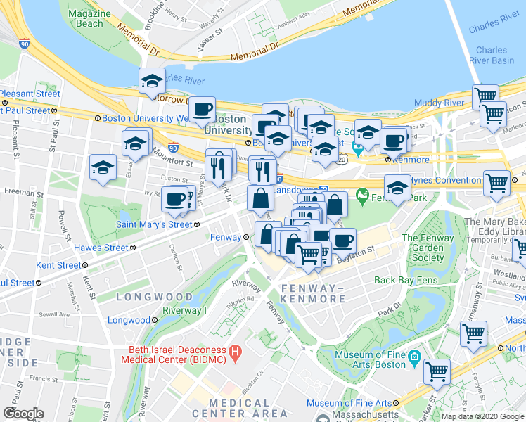 map of restaurants, bars, coffee shops, grocery stores, and more near 9 Miner Street in Boston