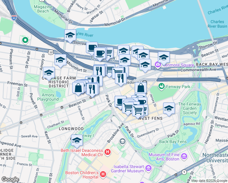 map of restaurants, bars, coffee shops, grocery stores, and more near 877 Beacon Street in Boston