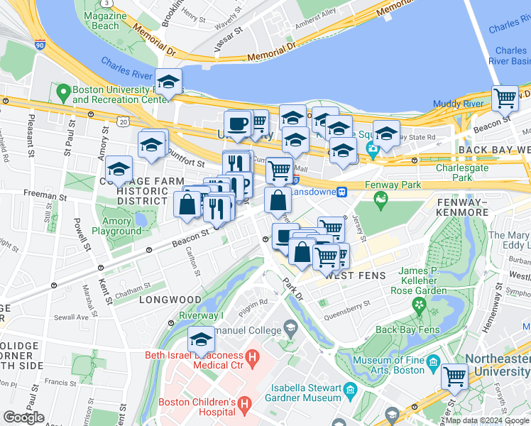 map of restaurants, bars, coffee shops, grocery stores, and more near 880 Beacon Street in Boston