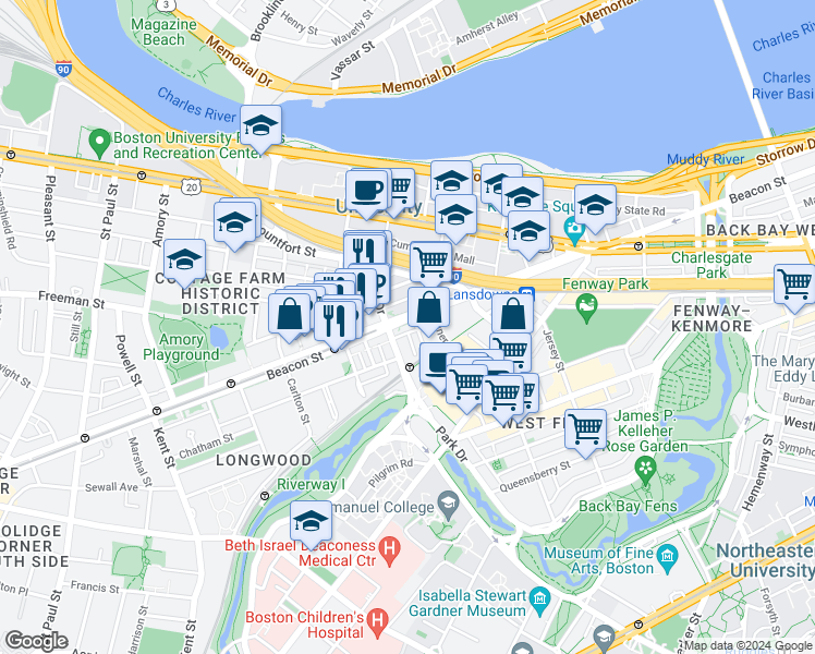 map of restaurants, bars, coffee shops, grocery stores, and more near 880 Beacon Street in Boston