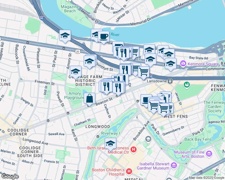map of restaurants, bars, coffee shops, grocery stores, and more near 1009 A Beacon Street in Brookline