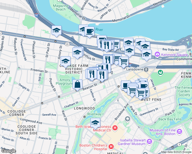 map of restaurants, bars, coffee shops, grocery stores, and more near 1009 A Beacon Street in Brookline